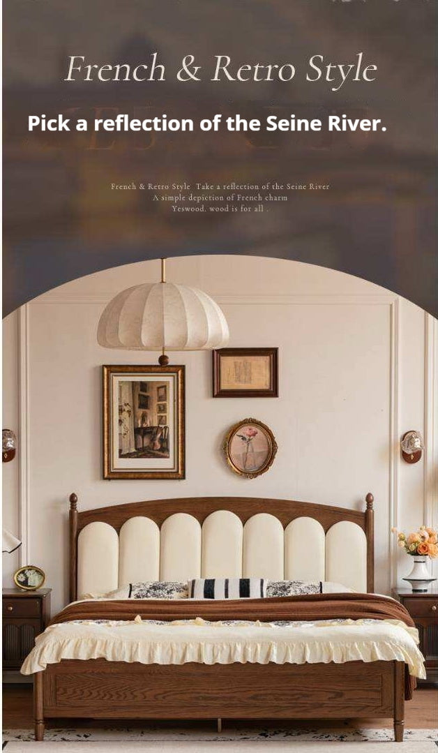Oak Solid Wood Box Bed with Upholstered Vertical Channel Tufted Arched Headboard