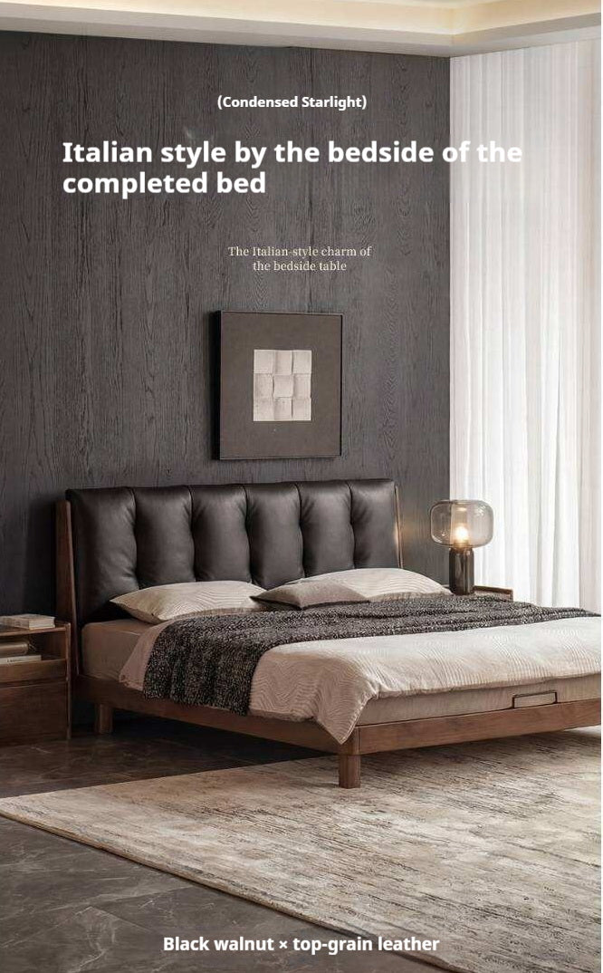Black Walnut, Rubberwood Solid Wood Leather Upholstered Platform Bed with Vertical Channel Tufted Headboard