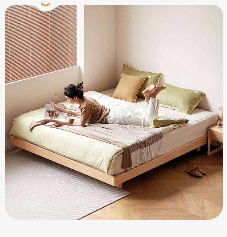 Beech Solid Wood Modern Minimalist Floating Platform Bed — Headboard-Free