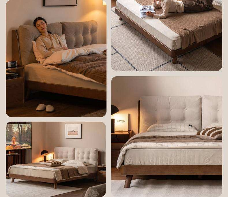 Rubberwood Solid Wood Bed with Oversized Soft Pillow Headboard