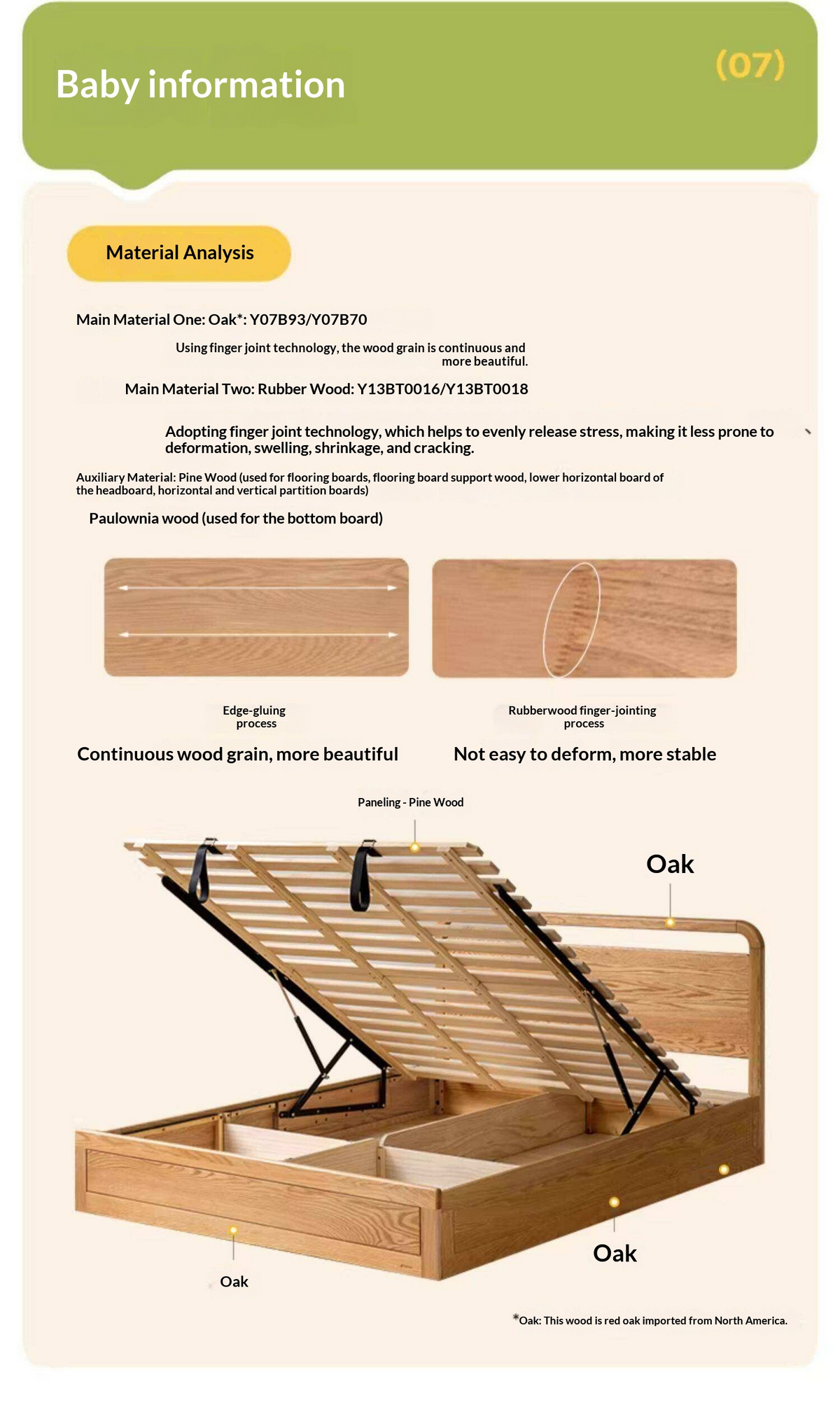 Oak, Rubberwood Solid Wood Storage Bed with Adjustable Height and Gas Lift