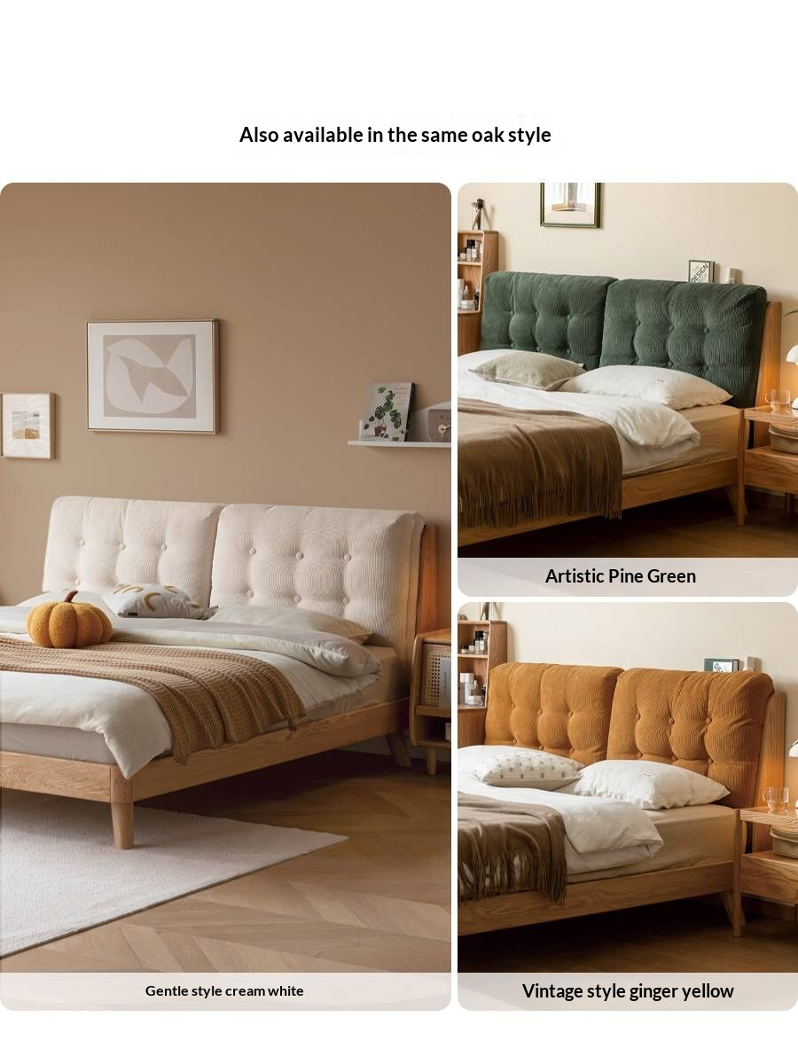 Oak, Rubberwood Solid Bed with Cream Finish — Casual Bedside with Soft Bag Backrest and White Soft Back