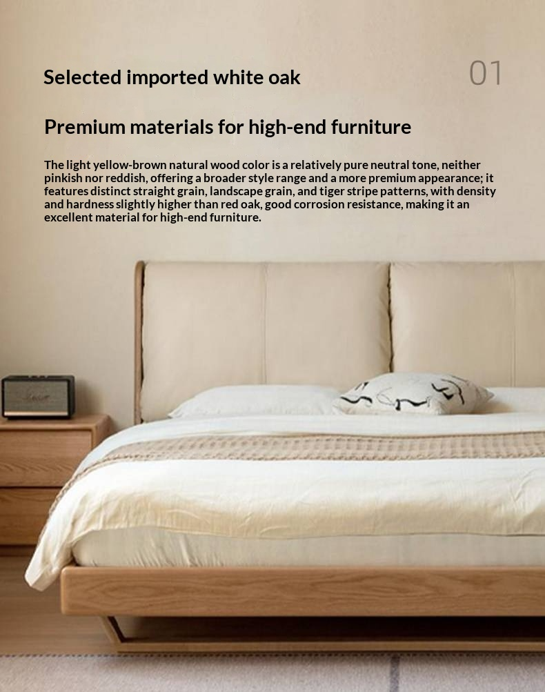 Oak Solid Wood Bed — Italian Light Luxury with White Genuine Leather and Soft Backrest