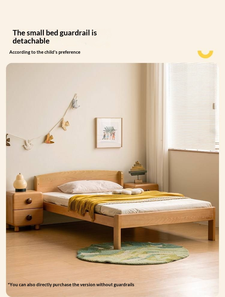 Beech Solid Wood L-Shaped Bunk Bed with Bookshelf Headboard and Detachable Guardrail