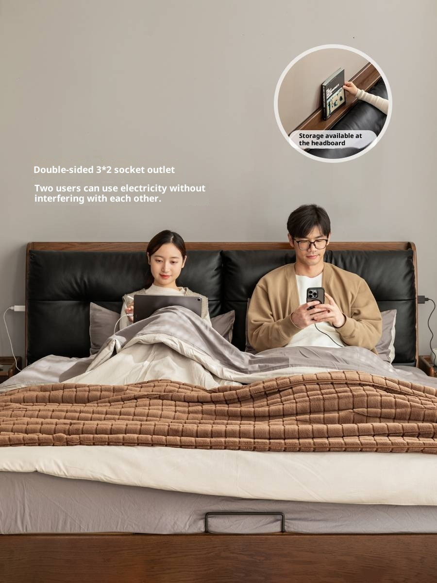 Oak Solid Wood Luxury Genuine Leather Box Bed