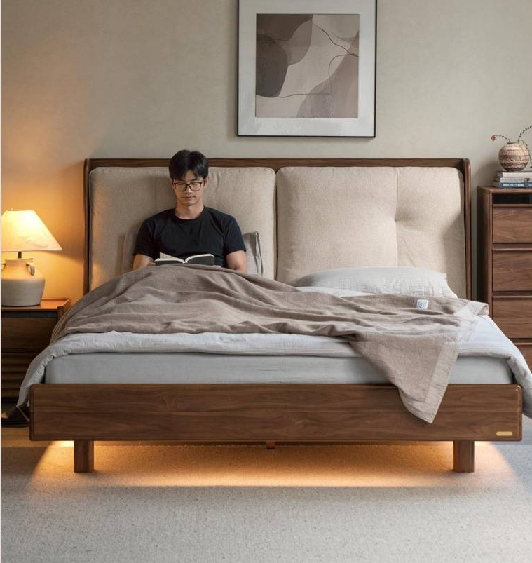 Black Walnut Solid Wood Italian Light Luxury Genuine Leather Soft Bed