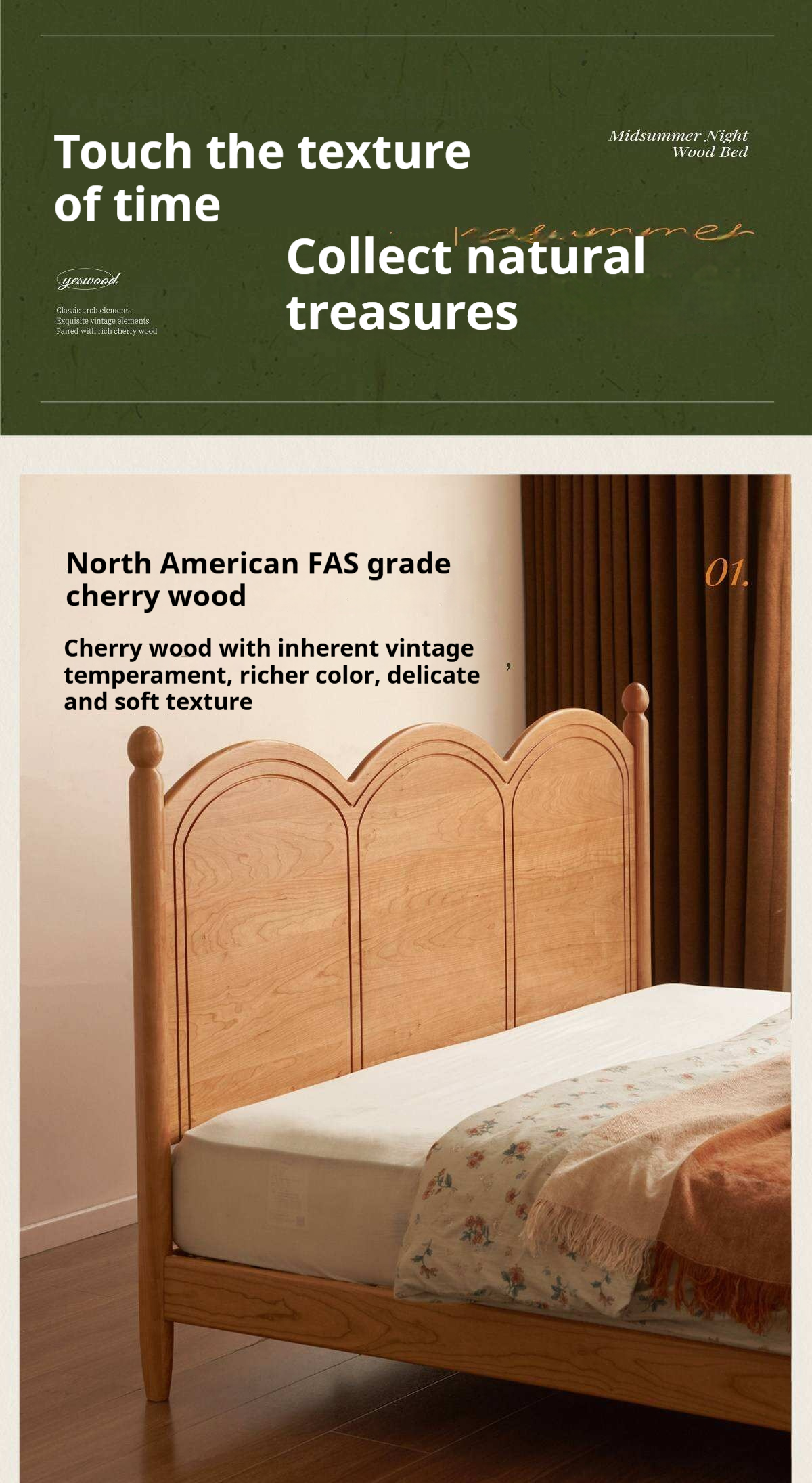 Cherry Solid Wood French Country Arched Platform Bed with Spindle Legs