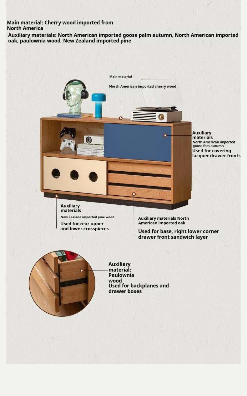 Cherry Solid Wood Vintage TV Stand with Wall-Mounted Tall Cabinet Design