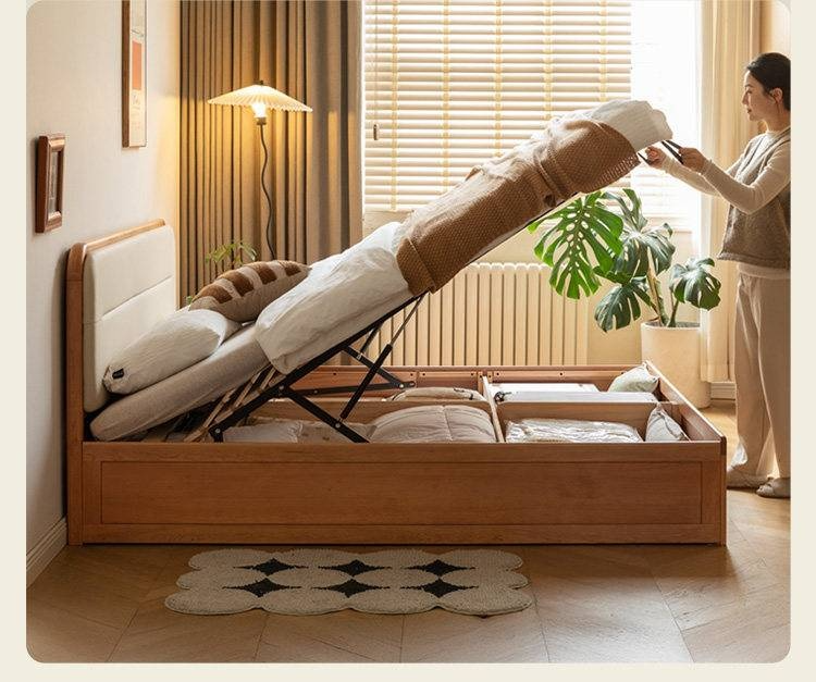 Cherry Solid Wood Box Bed — Vintage Style with Soft Backrest