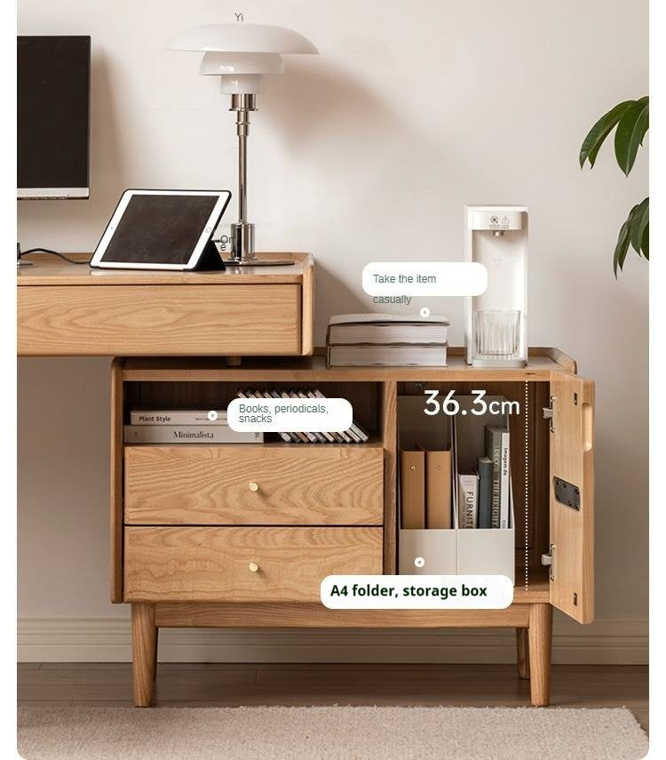 Ash Solid Wood Retractable Desk with Cabinet, Home Office