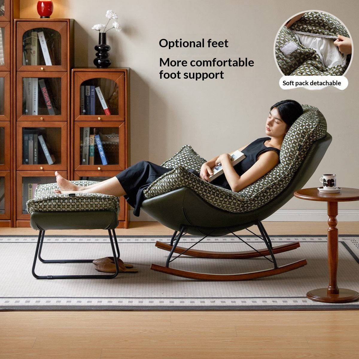 Egg Shell Rocking Lounge Chair with Upholstered Cocoon Seat and Metal Frame With Beech Legs