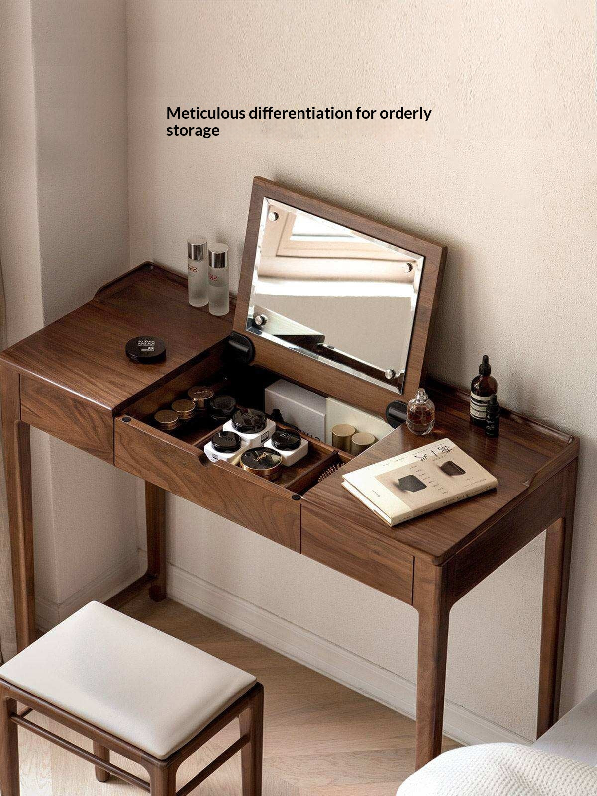 Black Walnut, Ash Solid Wood Flip Vanity Table.