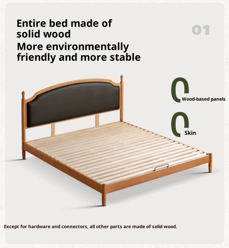 Cherry Solid Wood Soft Backrest Bed, French Retro Style