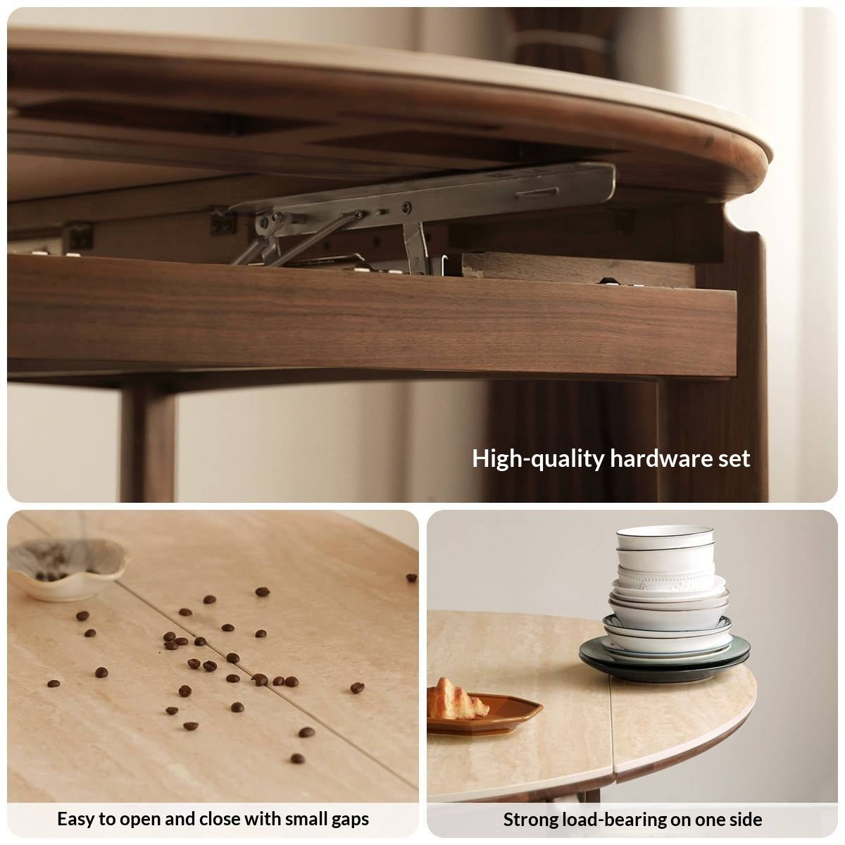 Black Walnut Solid Wood Folding Dining Table with Rock Plate Round Top