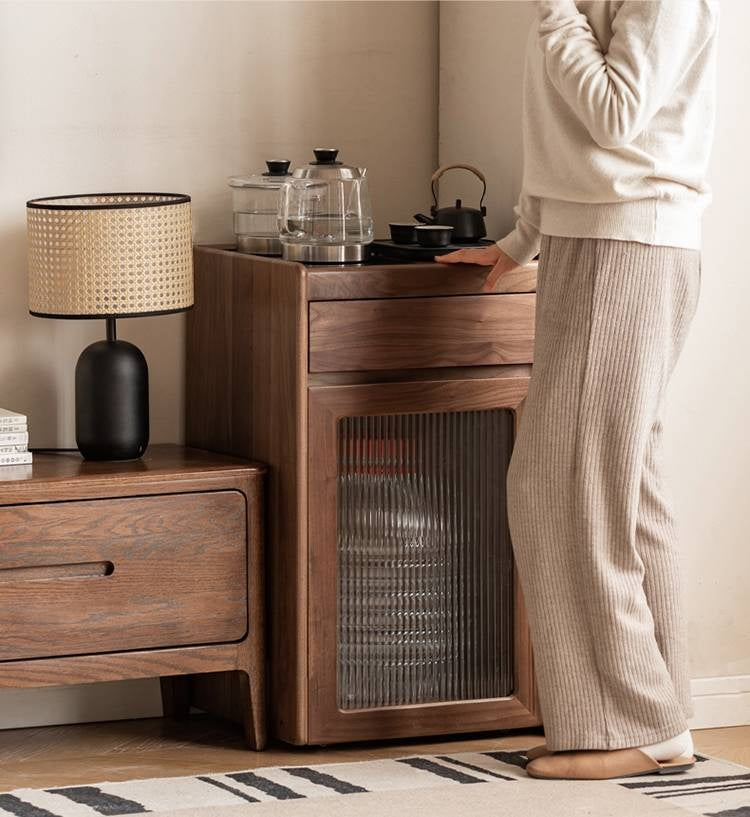 Black Walnut, Oak Solid Mobile Wood Tea Cabinet