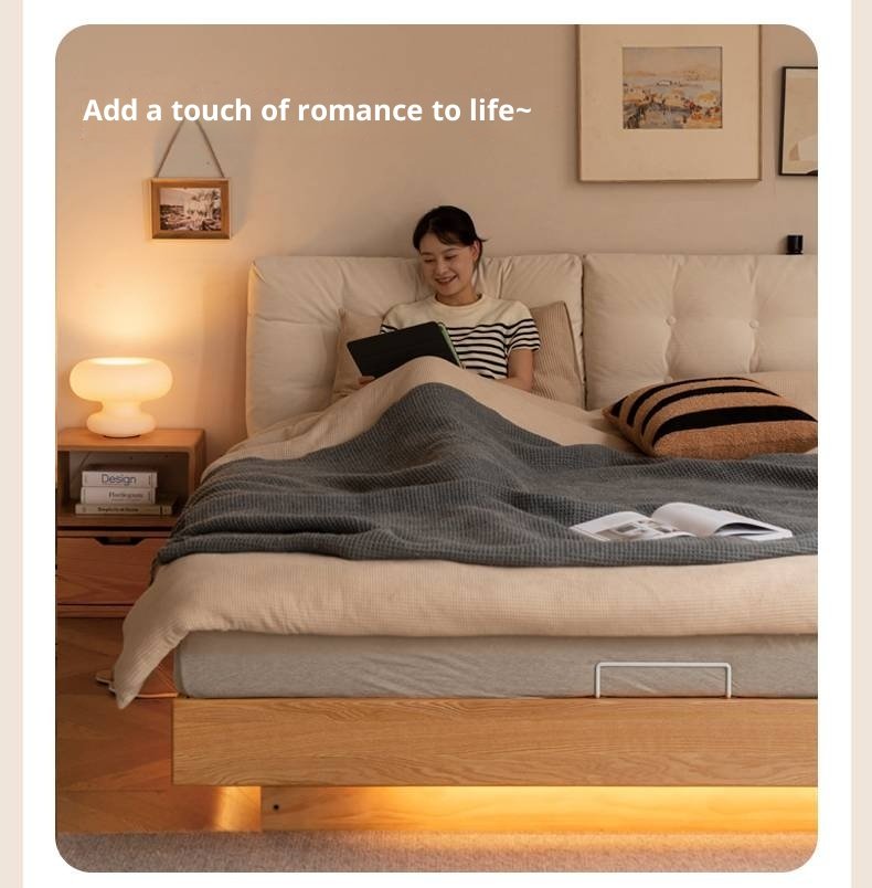 Oak Solid Wood with Upholstered Headboard Luminous Box Bed Cream Style