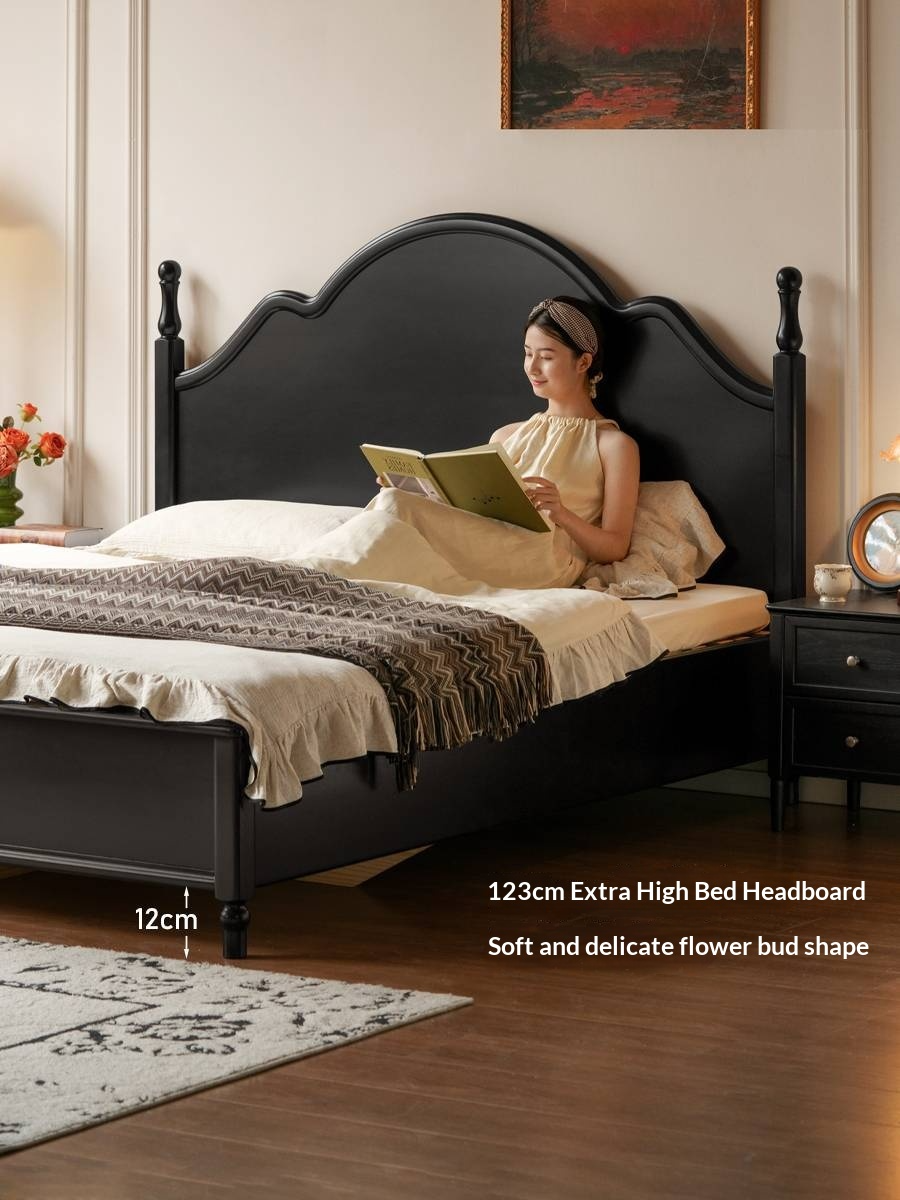 Rubberwood Solid Wood Bed American Retro Black Style