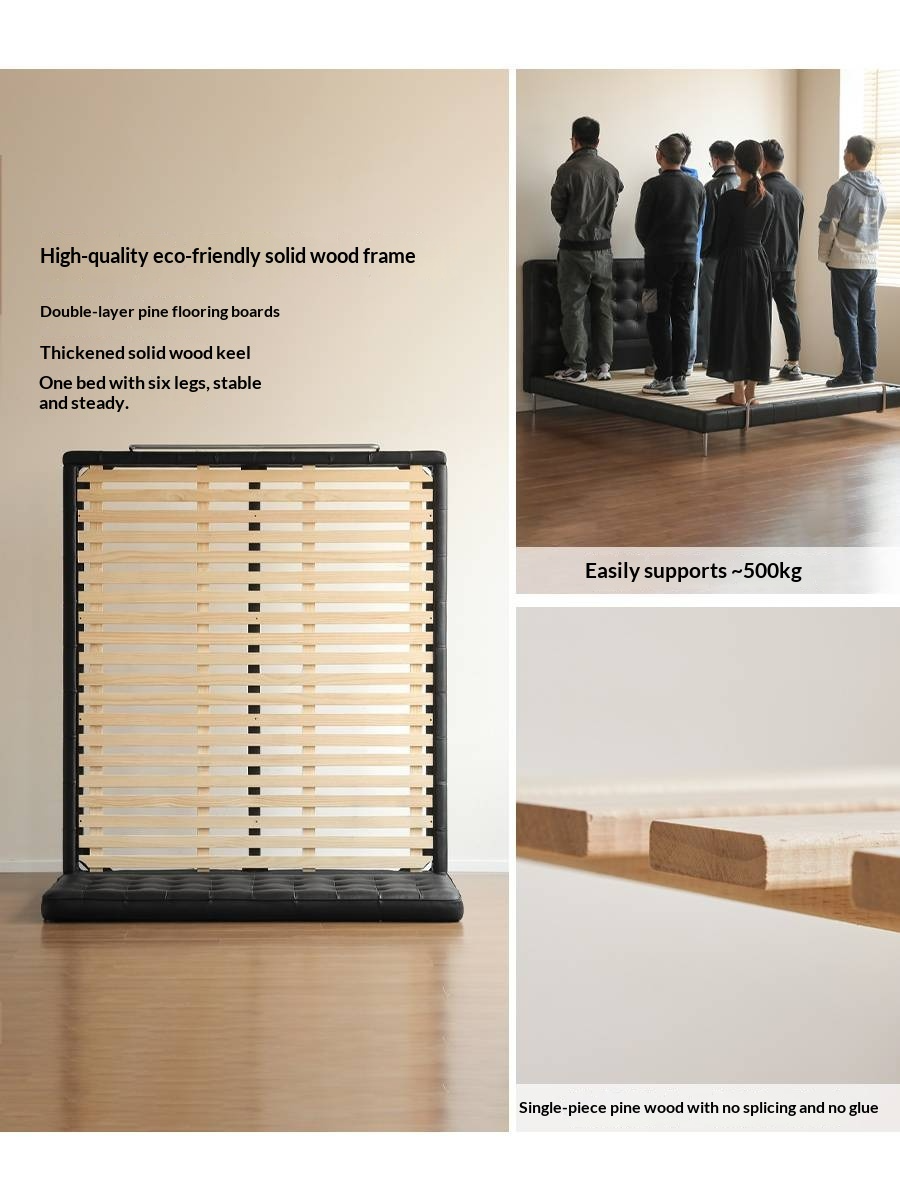 Genuine Leather Bed — Italian Light Luxury, Bauhaus Edge Design, Black Finish