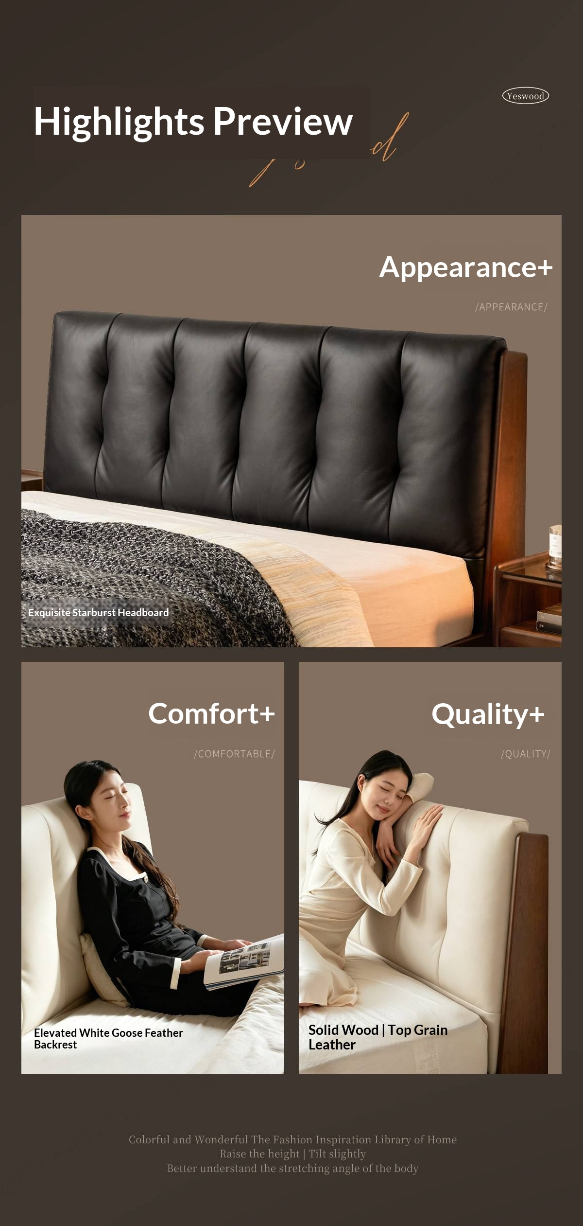 Rubberwood Solid Wood Italian Style Bed with Leather Headboard and Soft Goose Down Cushion