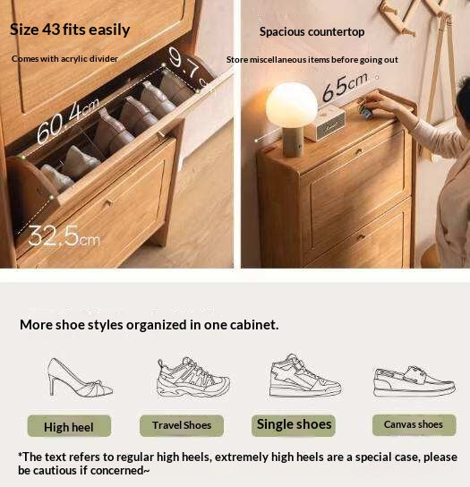 Oak Solid Wood Flip-Front Shoe Cabinet with Compact Vertical Design