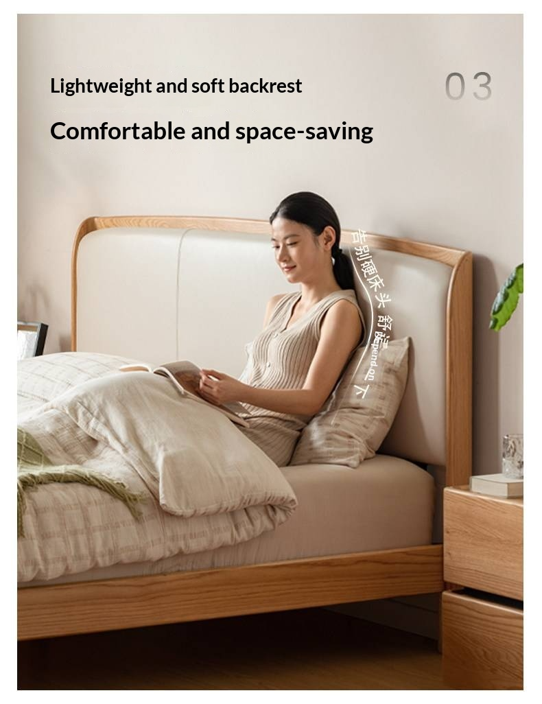 Oak Solid Wood Bed — Modern Minimalist, Genuine Leather Upholstered Bed