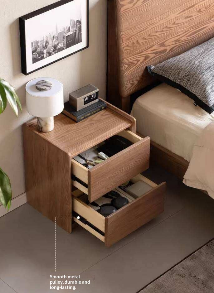 Ash Solid Wood Nightstand with Single Drawer and Open Shelf