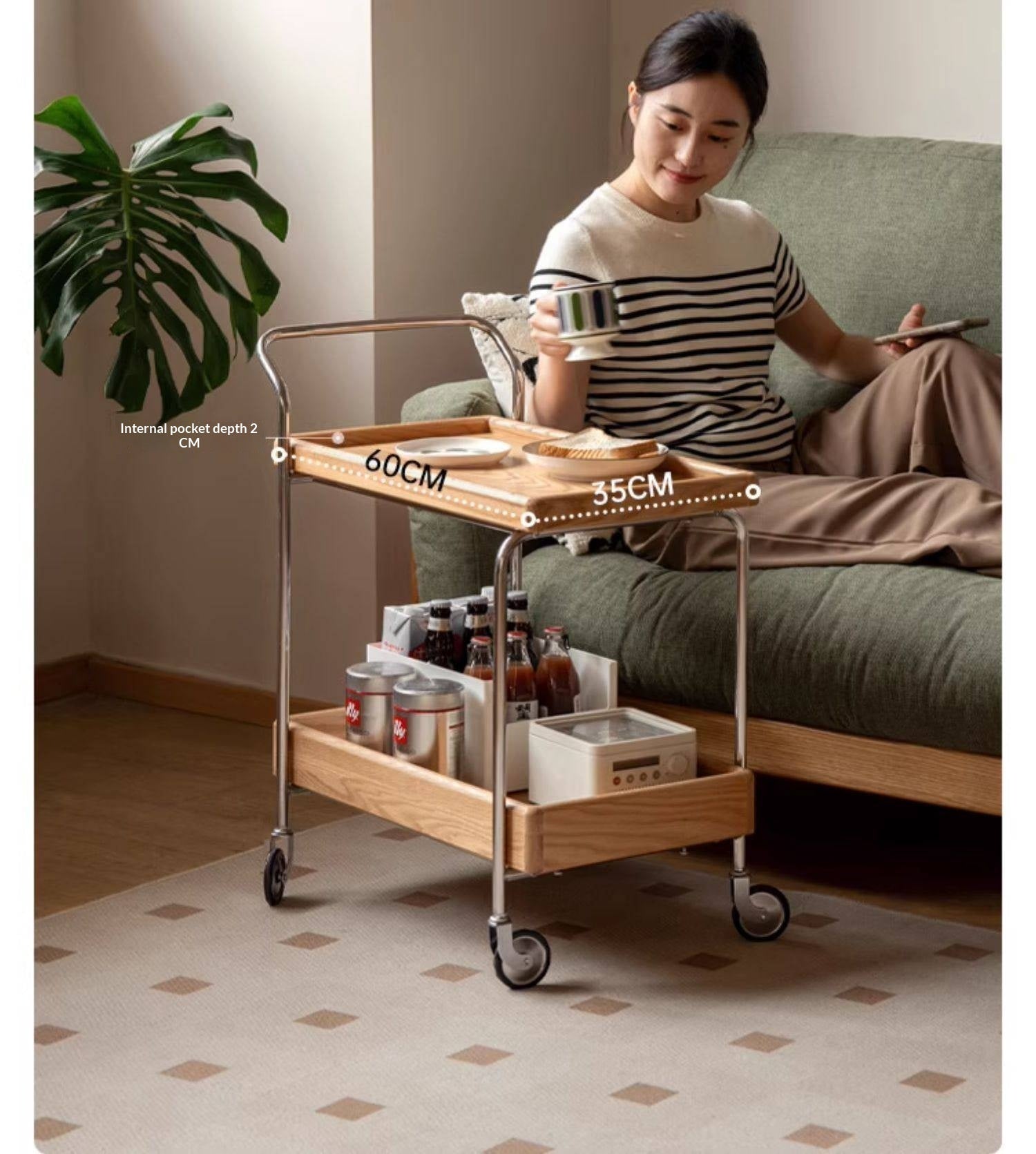 Oak, Poplar, Cherry Solid Wood Double Layer Mobile Side Table