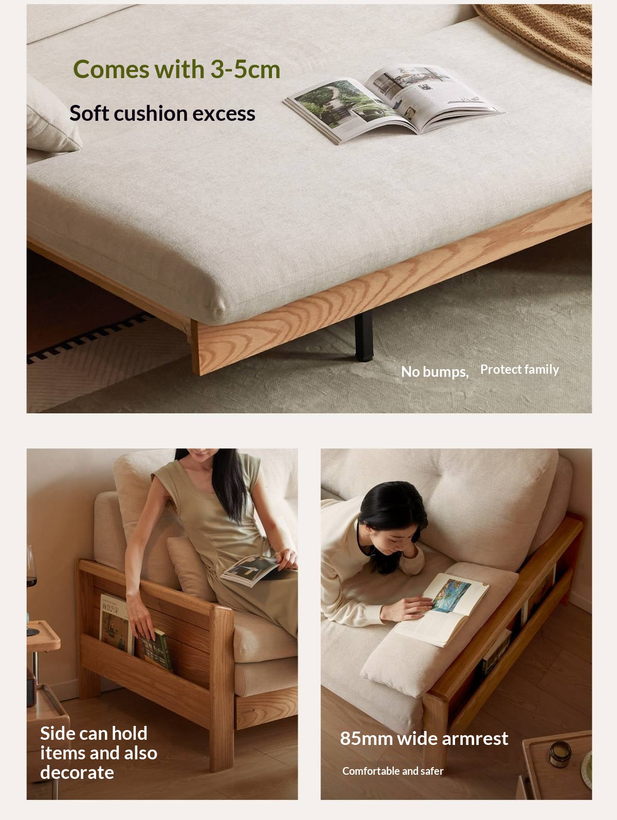 Oak Solid Wood Tufted Sofa Bed with Wood Frame and Side Storage Pocket