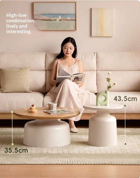 Oak Solid Wood, Solid RubberWood Round Nesting Coffee Tables, Modern Cream Style