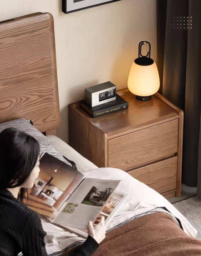 Ash Solid Wood Nightstand with Single Drawer and Open Shelf