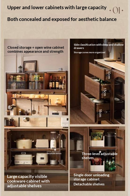 Black Walnut Solid Wood Buffet Cabinet with Retro Style and Rock Board Surface