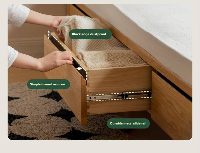 Oak Solid Wood Platform Storage Bed with Hidden Drawers and Bedside Shelf
