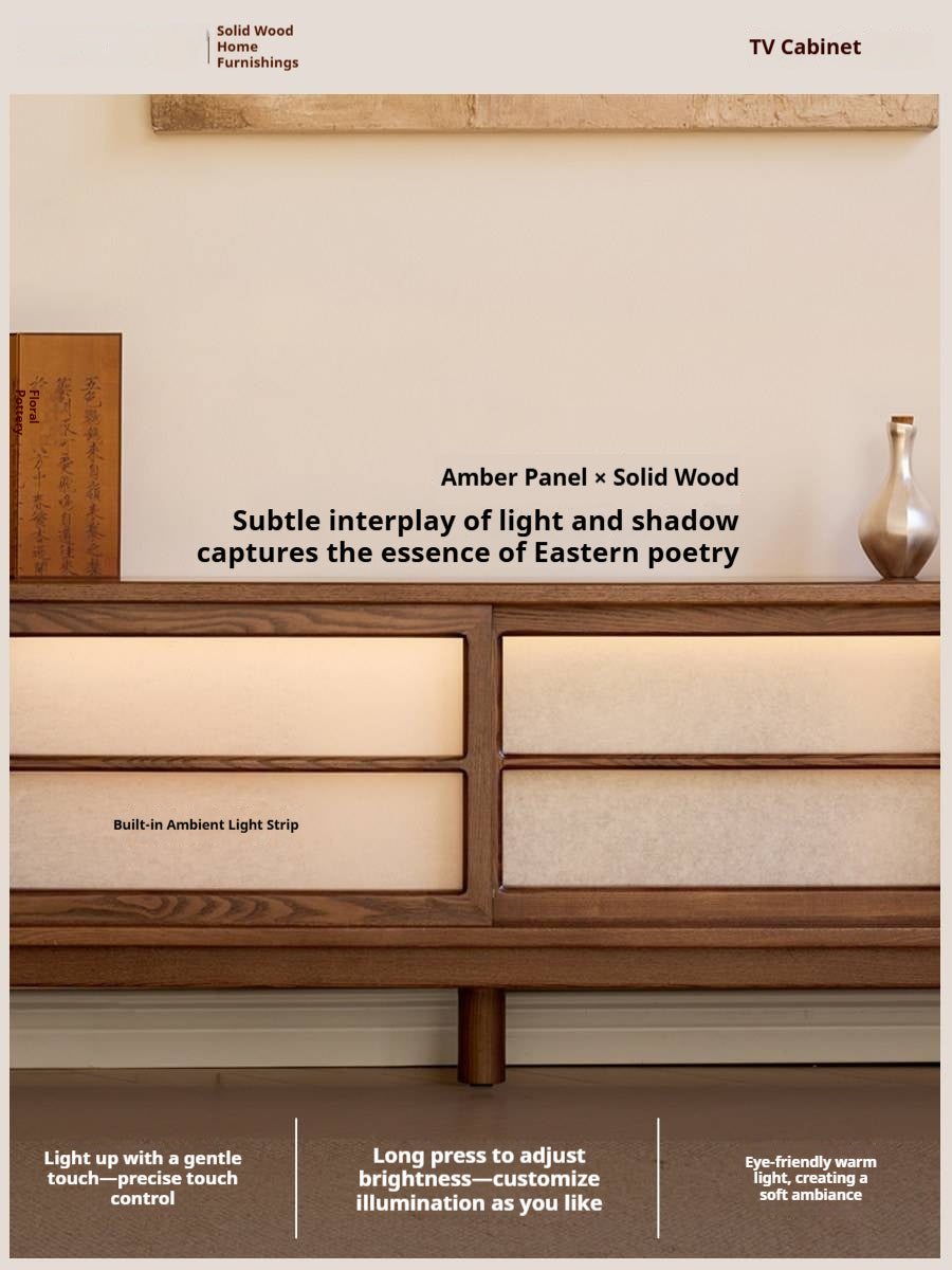 Ash Solid Wood Japanese Shoji-Style TV Console with LED Ambient Lighting