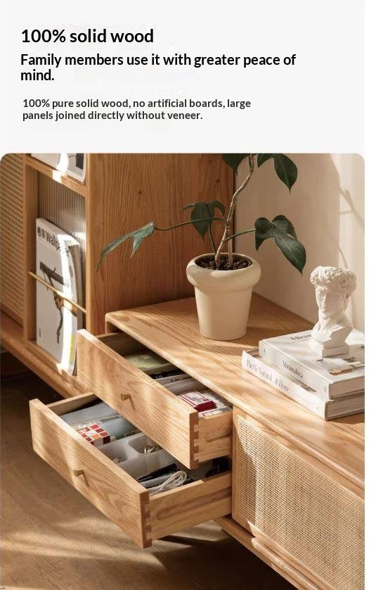 Oak Solid Wood Rattan TV Cabinet