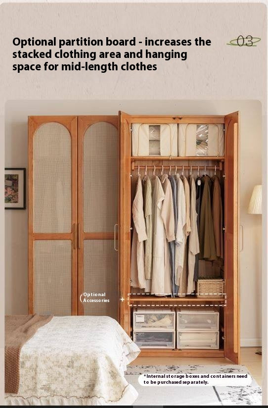 Cherry Solid Wood Swing Door Rattan Wardrobe