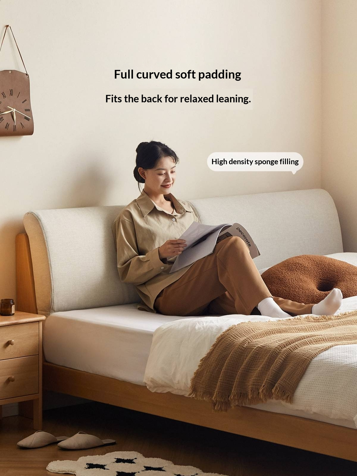 Beech Solid Wood Upholstered King Bed — Soft Headboard with Fabric Upholstery