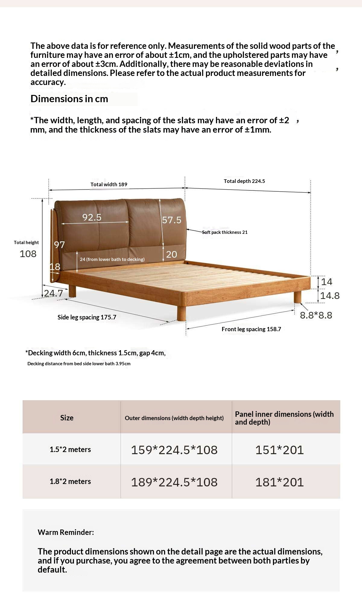 Cherry Solid Wood Bed with Genuine Leather Upholstered Headboard and LED Lighting