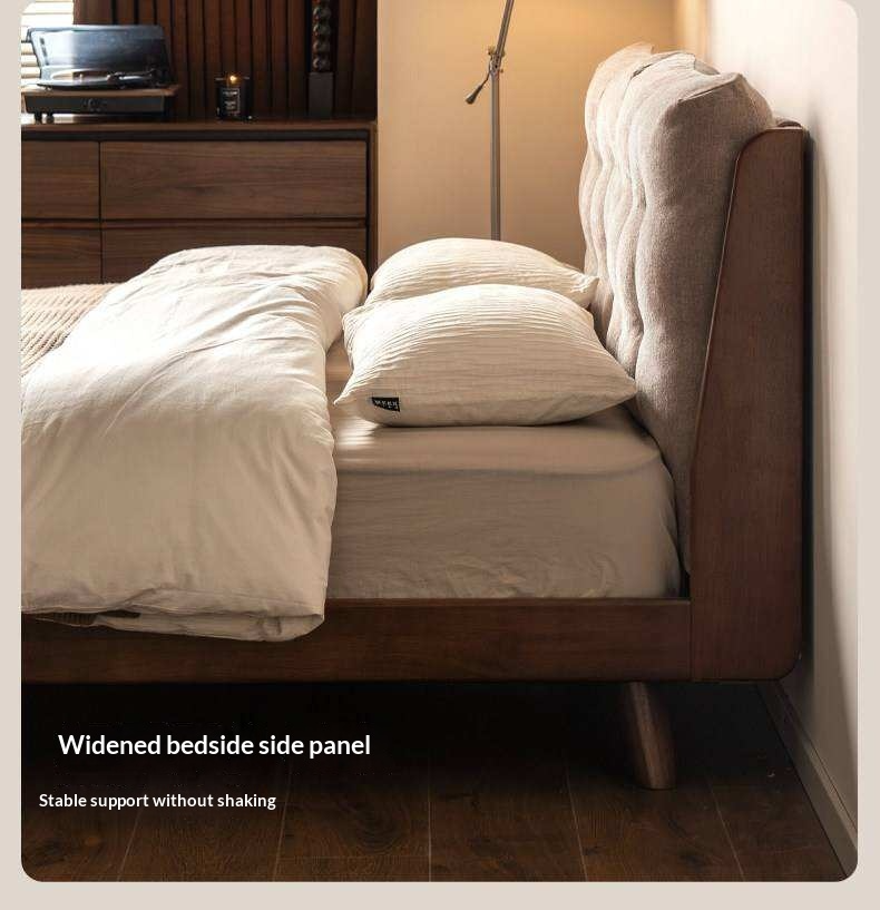 Rubberwood Solid Wood Bed with Oversized Soft Pillow Headboard
