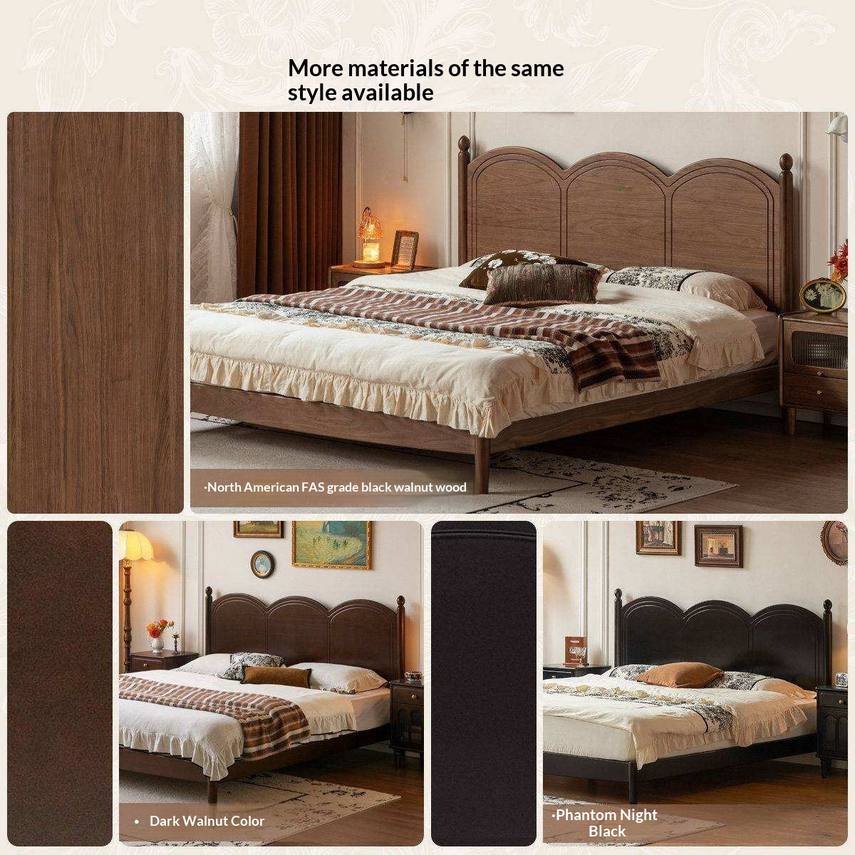 Cherry Solid Wood French Country Arched Platform Bed with Spindle Legs