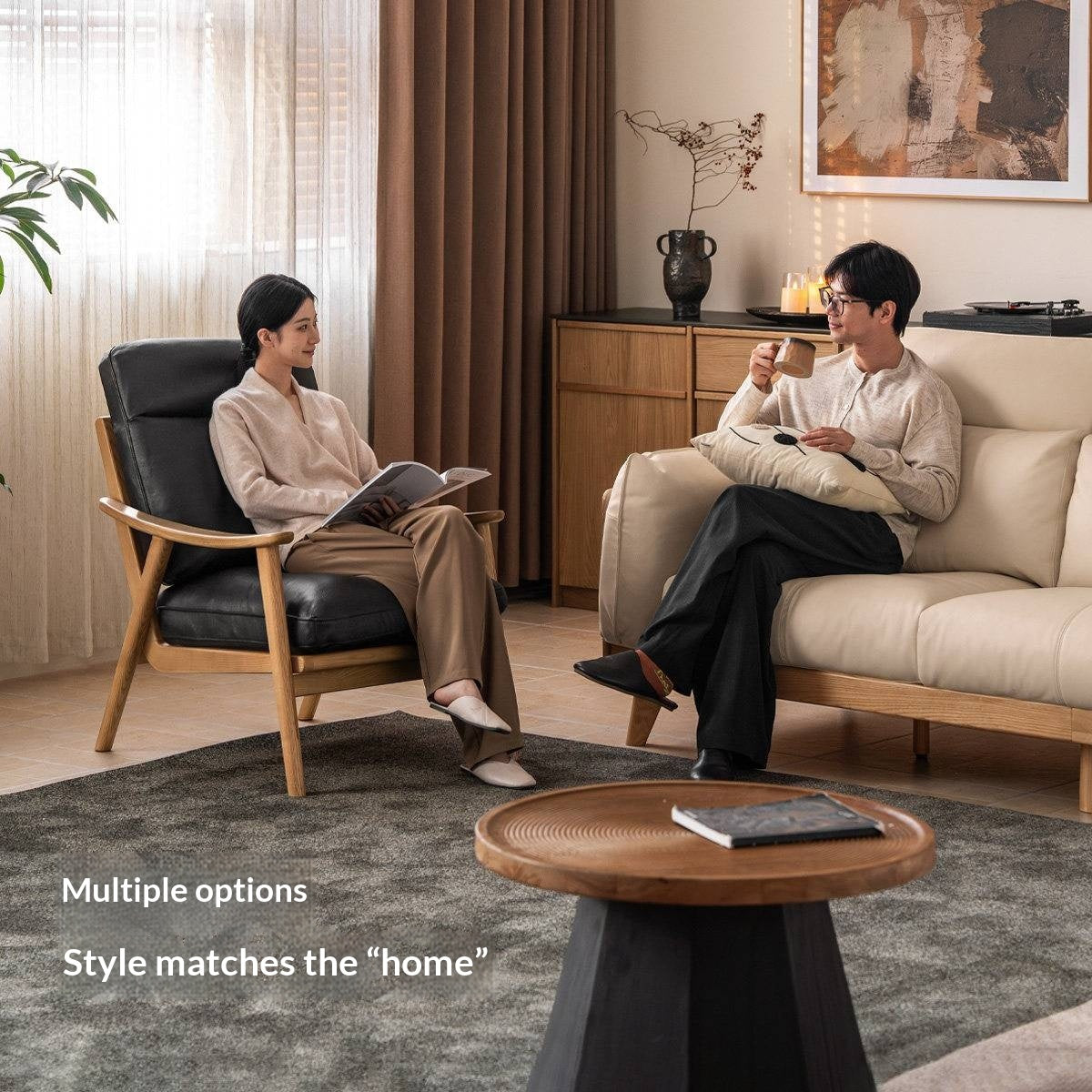 2 pcs Ash Solid Wood Genuine Leather, Fabrics Accent Chair, Modern Minimalist Lounge Chair