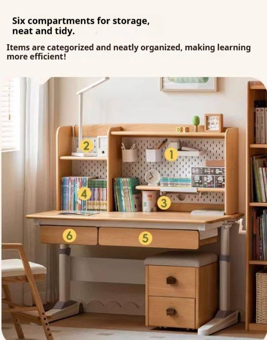 Beech Solid Wood Height-Adjustable Kids Desk with Bookshelf Hutch