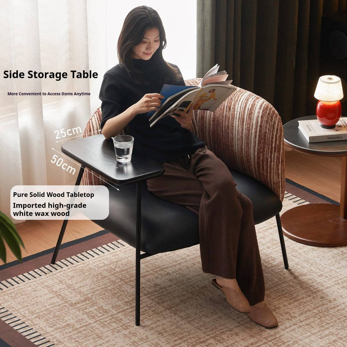 Modern Lounge Chair with Integrated Side Table, Upholstered Wraparound Accent Chair with Metal Frame