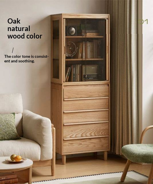 Black Walnut, Oak Solid Wood Glass Display Cabinet with Drawers