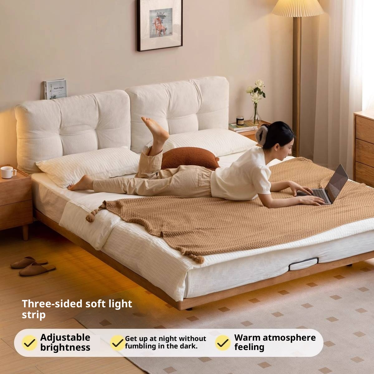 Rubberwood Solid Wood Floating Soft Upholstery Bed