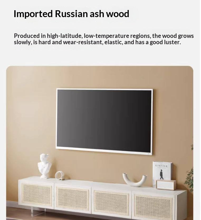 Ash Solid Wood Rattan TV Cabinet Cream Style LED Lights.