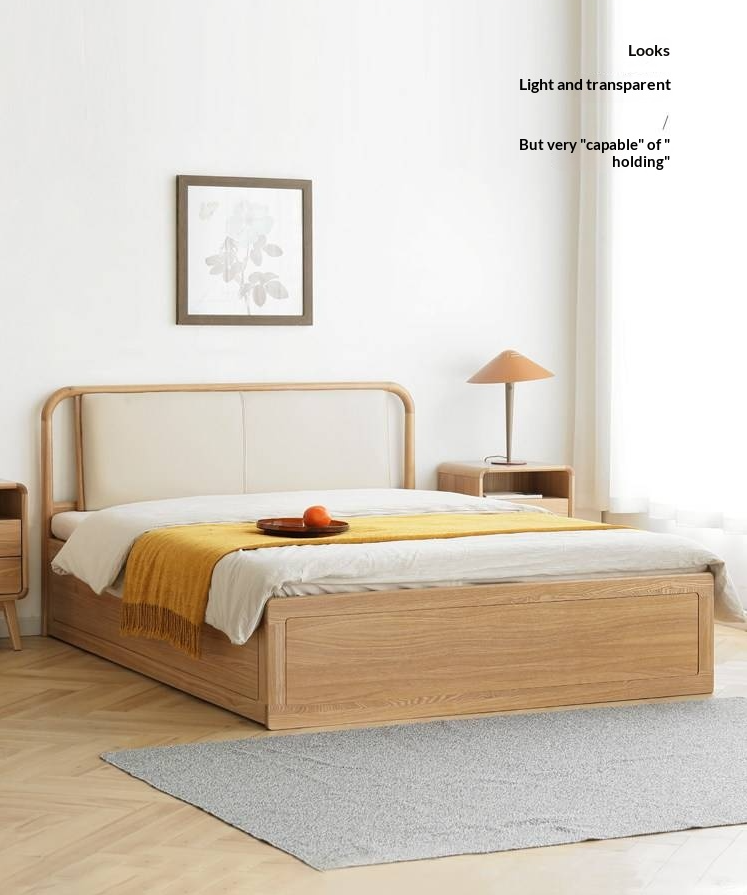 Ash Solid Wood Floor Bed — Modern Minimalist, High Box Design with Genuine Leather