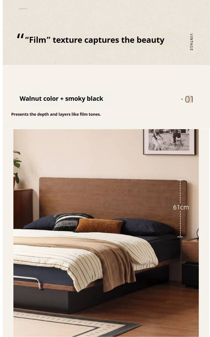 Oak Solid Wood Mid-Century Floating Storage Bed with Lift-Up Storage Box