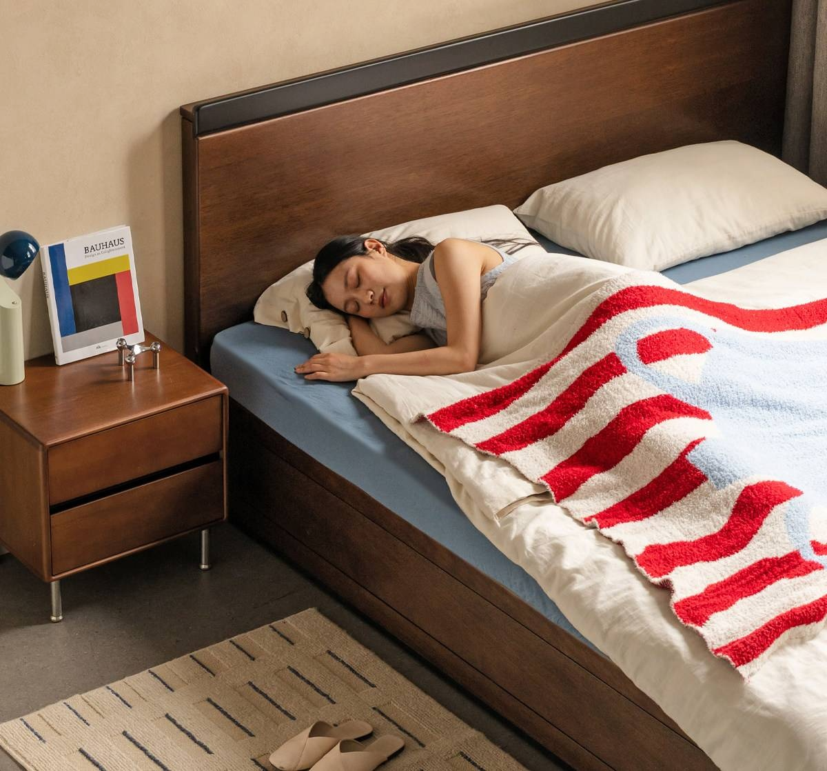 Golden Rosewood Solid Wood Bauhaus Storage Bed with Full Lift-Up Storage Box and Color-Block Headboard