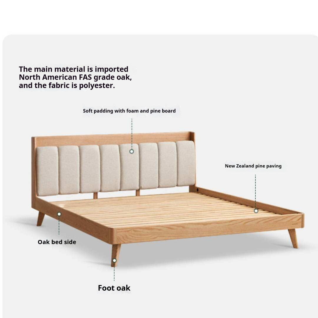 Oak Solid Wood Bed — Modern Minimalist Design with Upholstered Headboard and Piano Key Style