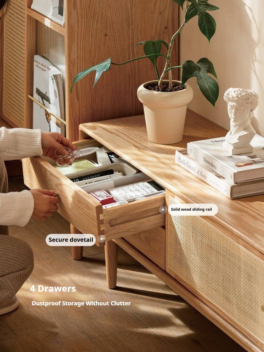 Oak Solid Wood Rattan TV Cabinet